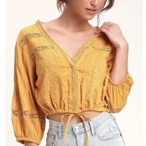 Free People Mustard Yellow Embroidered Drawstring Peasant Top